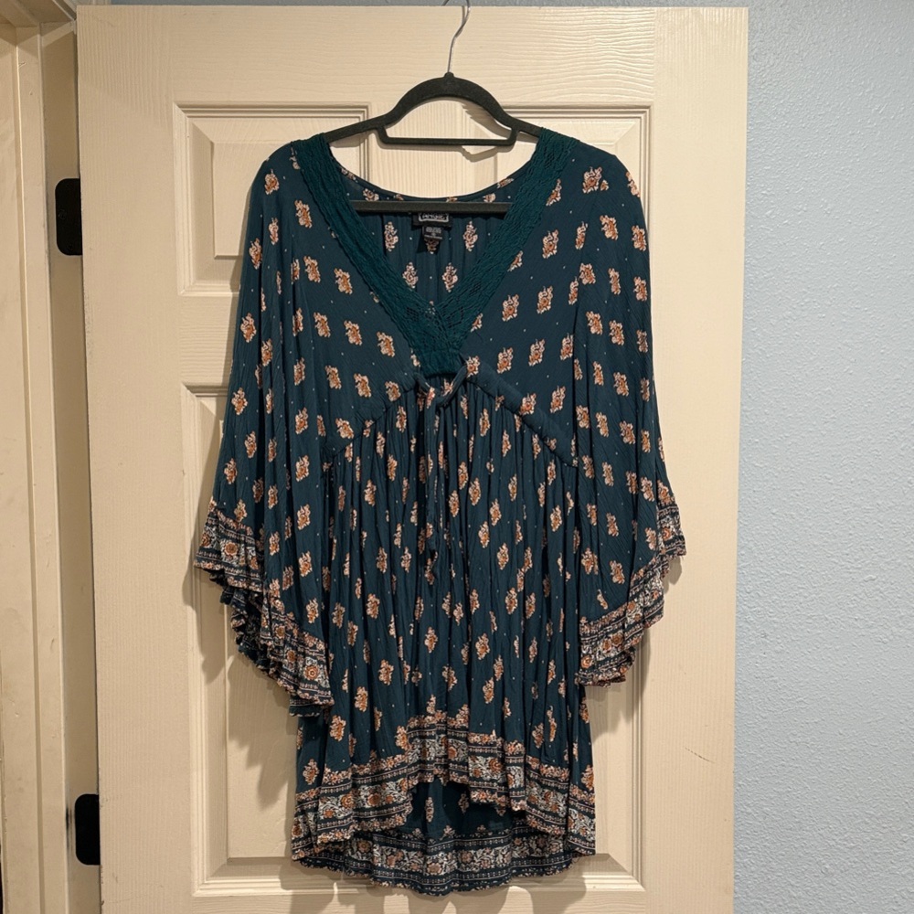 Angie Dark Teal White and Orange Patterned Tunic Shirt Size Small